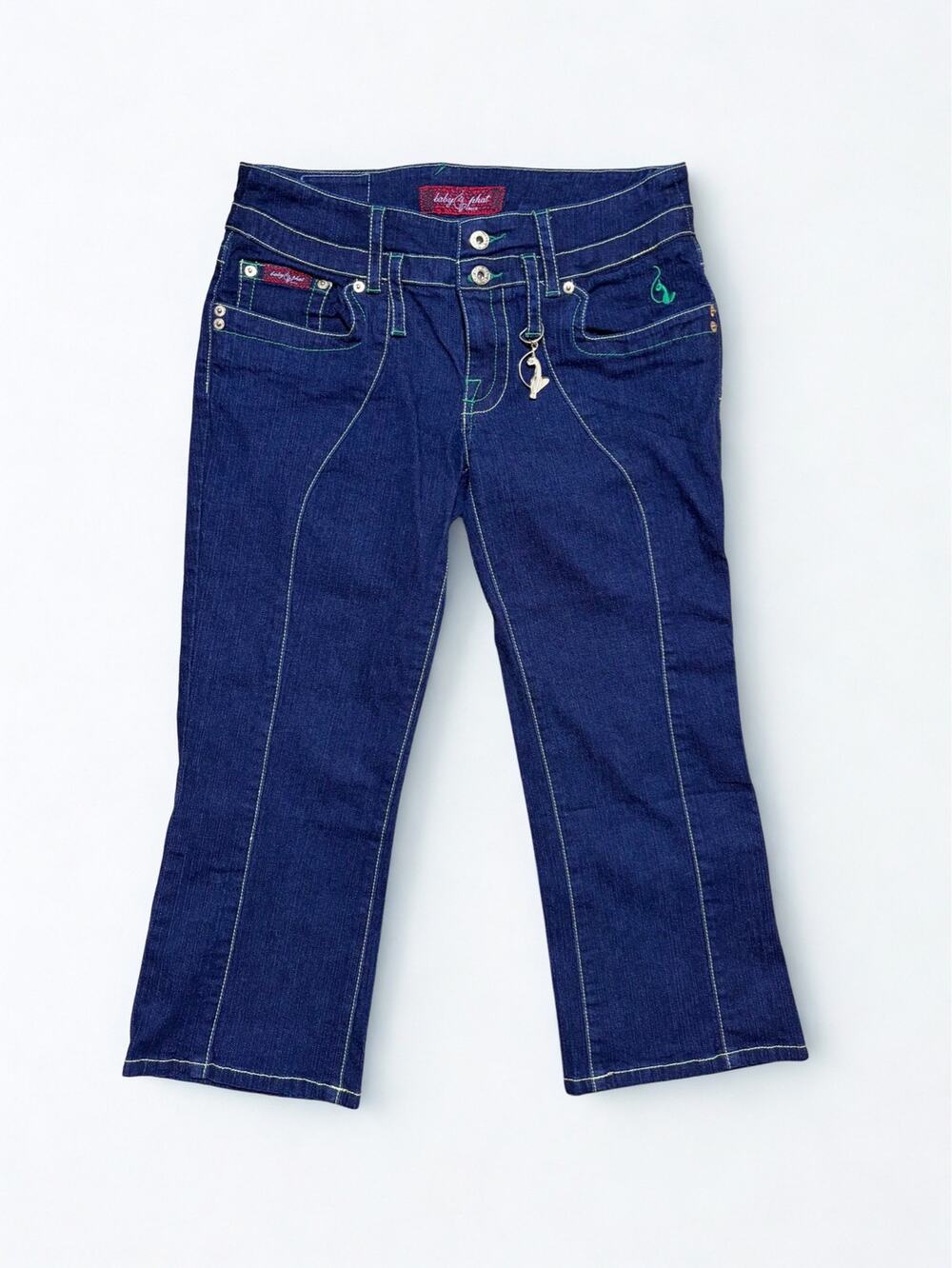 Vtg Y2K Baby Phat Low Rise Dark Wash Contrast Stitch Capri Jeans Cat Charm Sz M